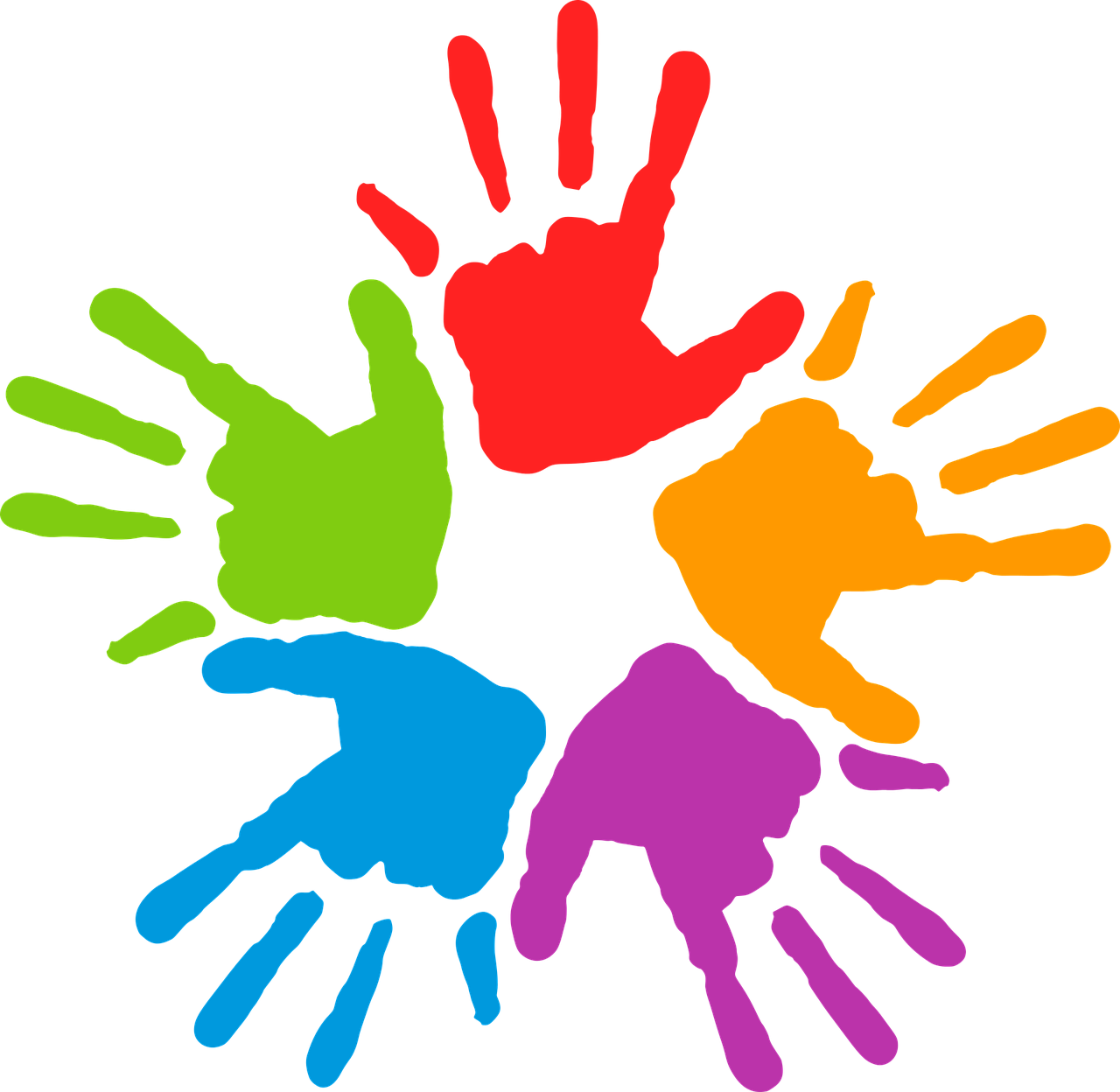 A circle of handprints in varying bright colors