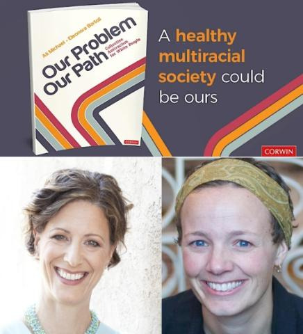 Photos of Eleonora Bartoli and Ali Michael with a cover of their book Our Problem, Our Path and the tagline "A healthy multiracial society could be ours"